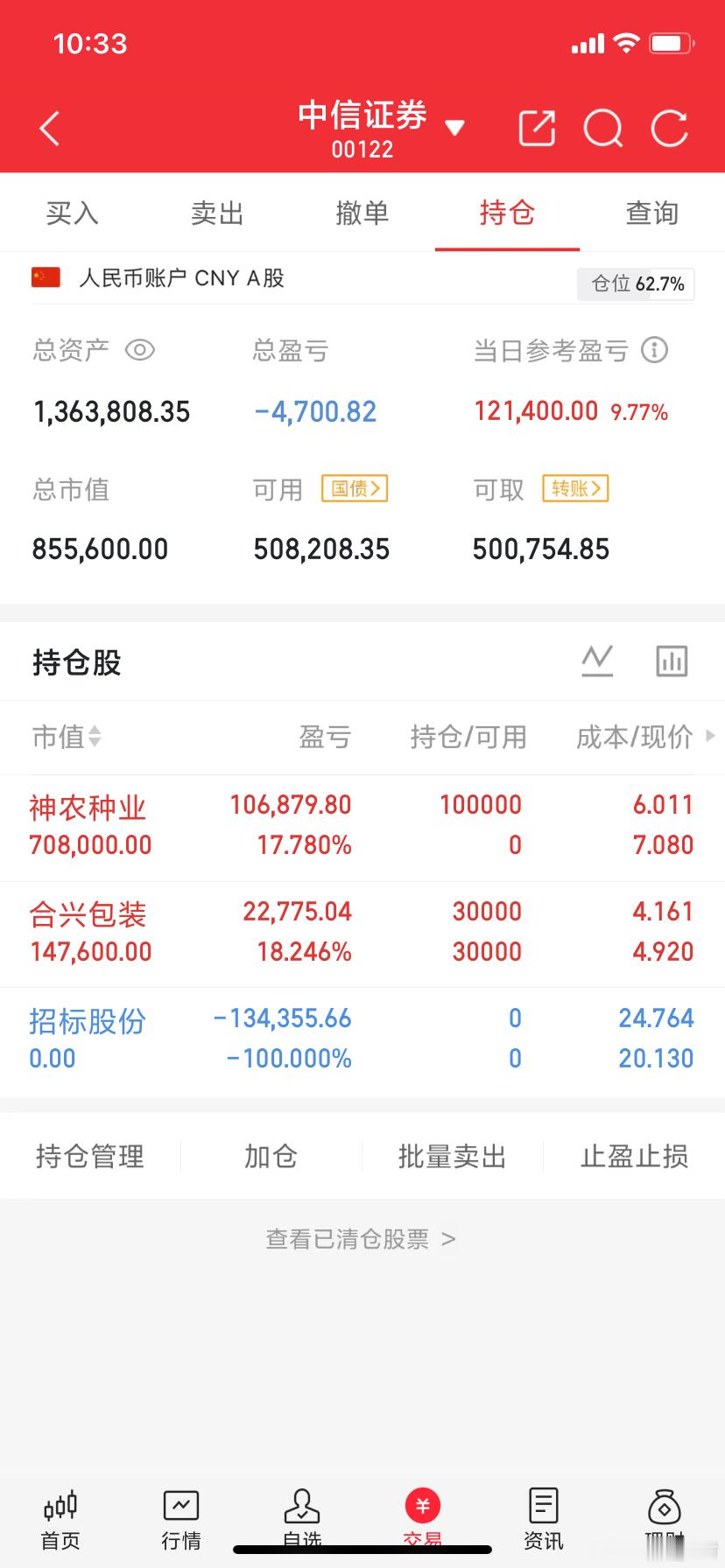 阿城实盘，今天最新操作记录：今日卖出：招标股份今日上车：$神农种业 sz3001