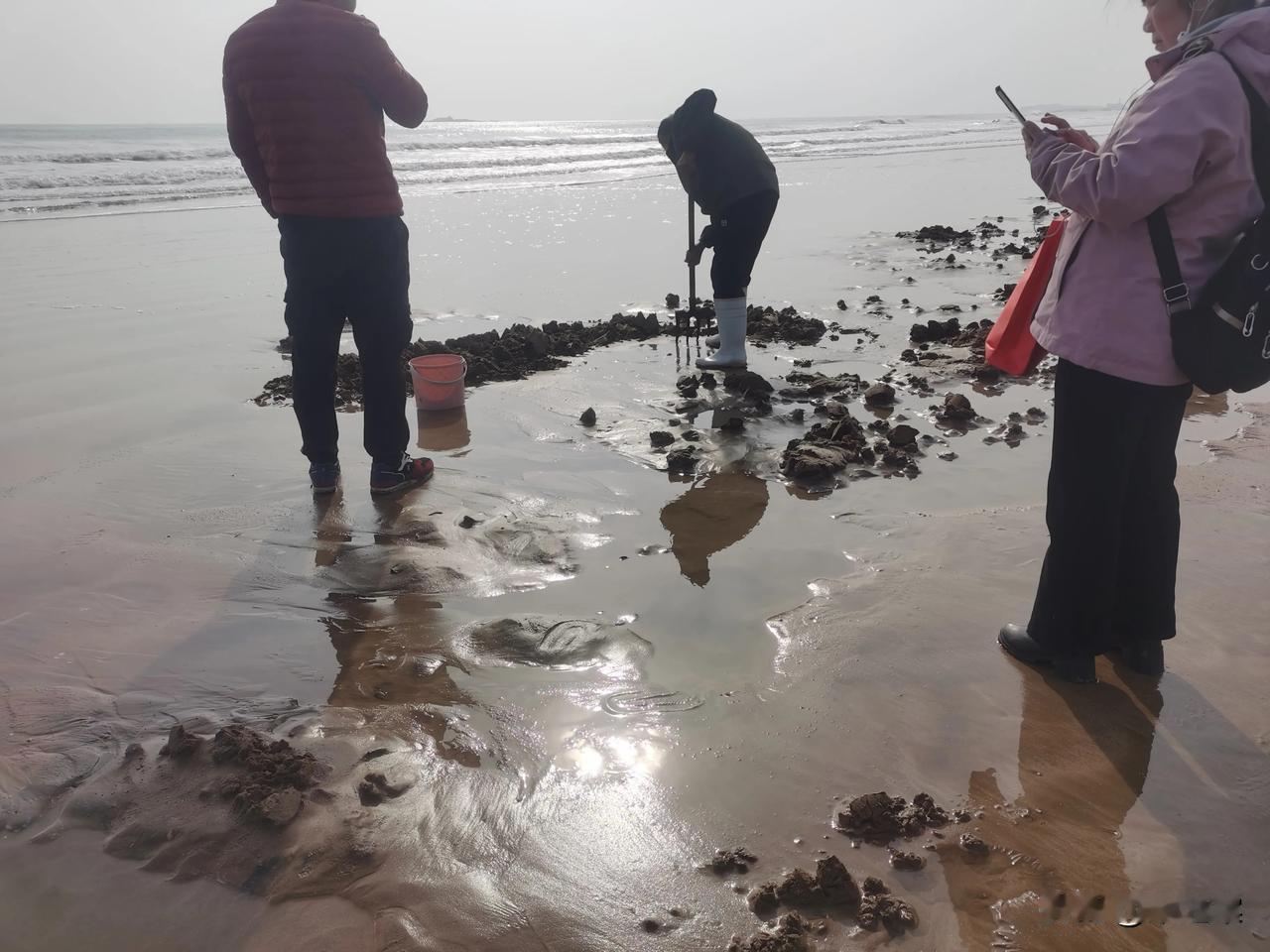 坐标:青岛石老人海水浴场
时间:正月初四中午
主题:海边辛勤的挖沙人
大潮既退，