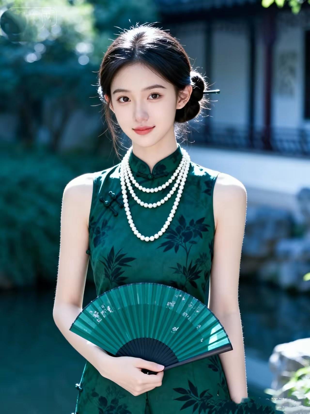 优雅旗袍美人，手持团扇，珍珠项链点缀，古典韵味十足。