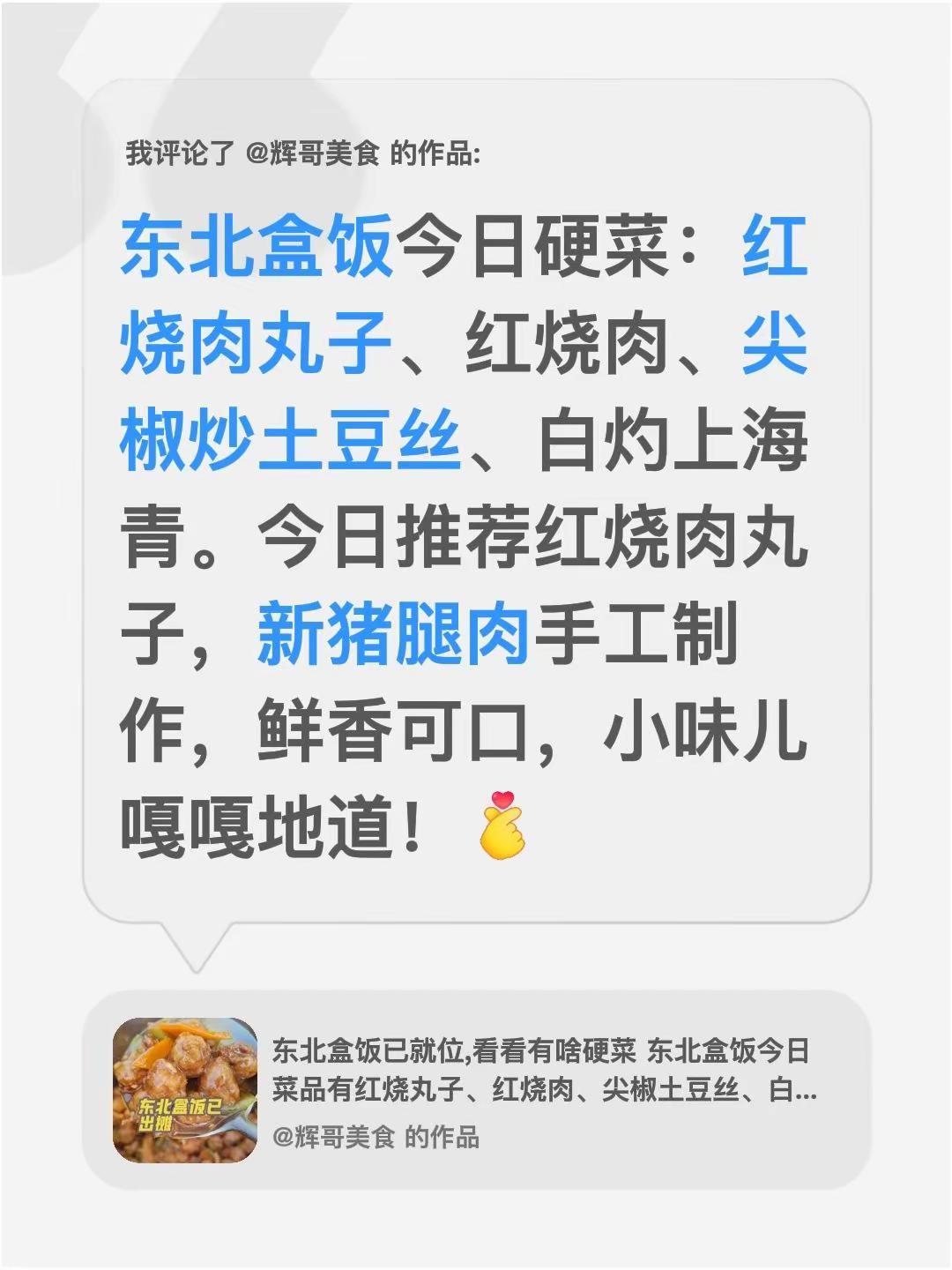 我评论了@辉哥美食 的作品：东北盒饭今日硬菜：红烧肉丸子、红烧肉、尖椒炒土豆丝、