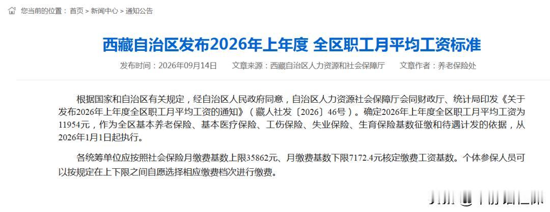 官宣！西藏发布2026年社保缴费基数及上下限！
西藏自治区人社发布2026年度社