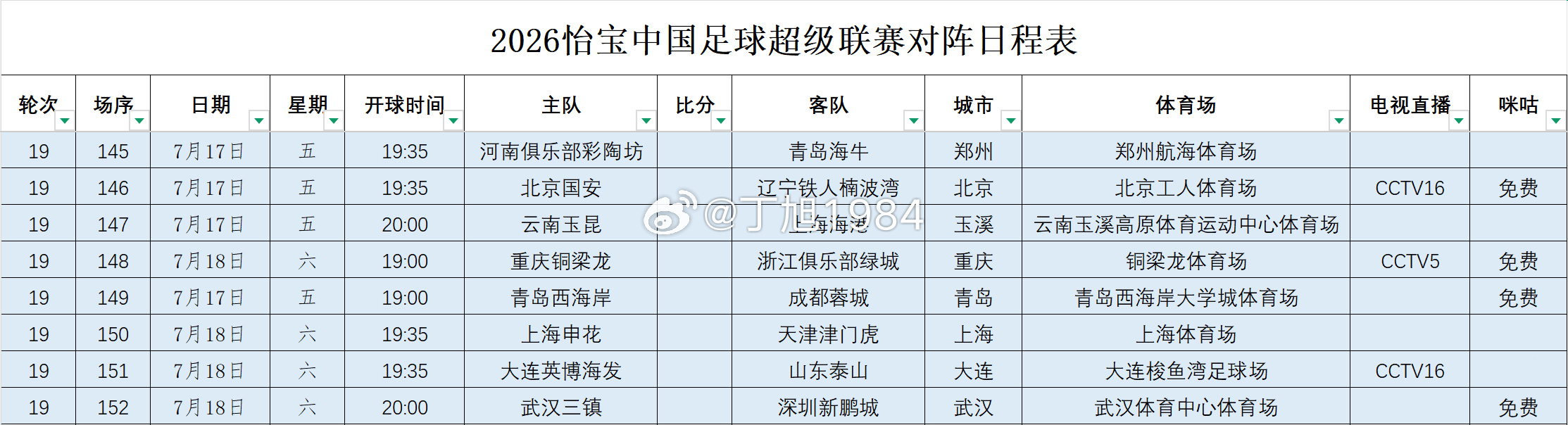 2026怡宝中国足球超级联赛第19轮转播计划表中超联赛中超大连英博中超联赛