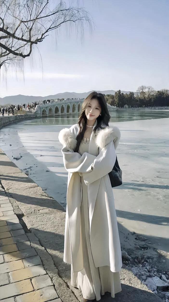 冬日的颐和园，湖面结上薄冰，十七孔桥静静伫立在远山之下，枯柳轻垂，满是清冷的氛围