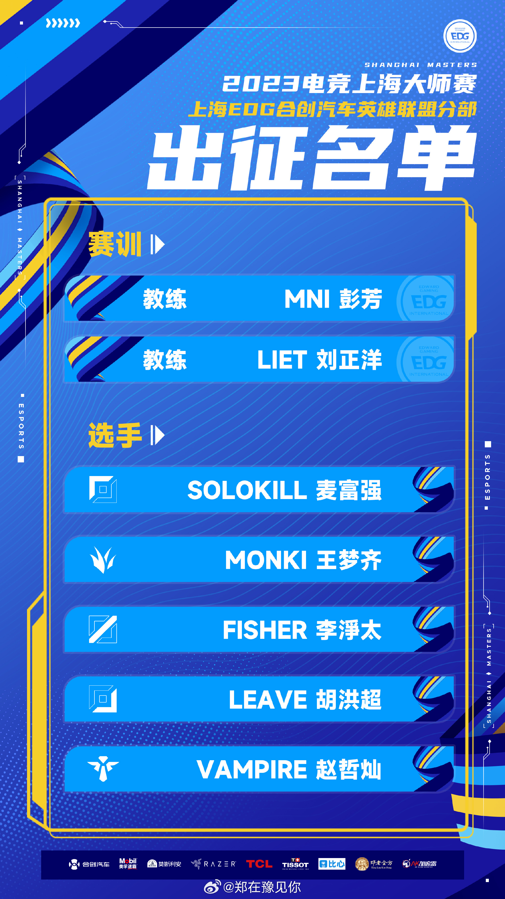 #edg官宣上海大师赛出征名单# 2023电竞上海大师赛英雄联盟项目参赛名单如下