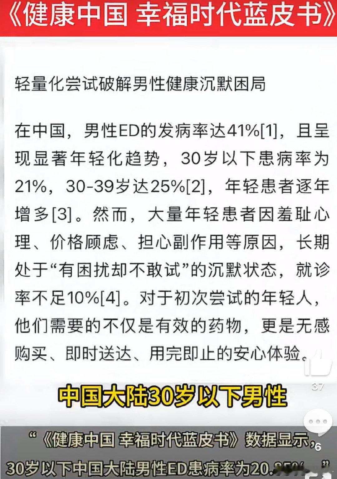 30岁以下男性患ed率超20% 完全没有想到这个概率已经达到了20%以上了呀，因