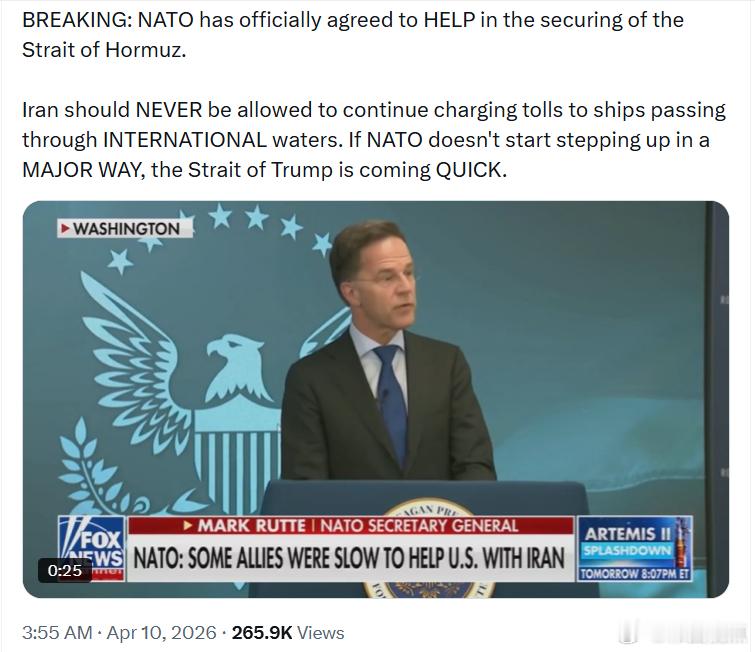 北大西洋公约组织现已正式同意协助保障霍尔木兹海峡的安全。如果北约不能以大规模方式