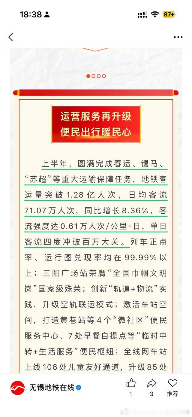 无锡地铁 2026年上半年，无锡地铁总客运量1.28亿人次，日均71.07万，同
