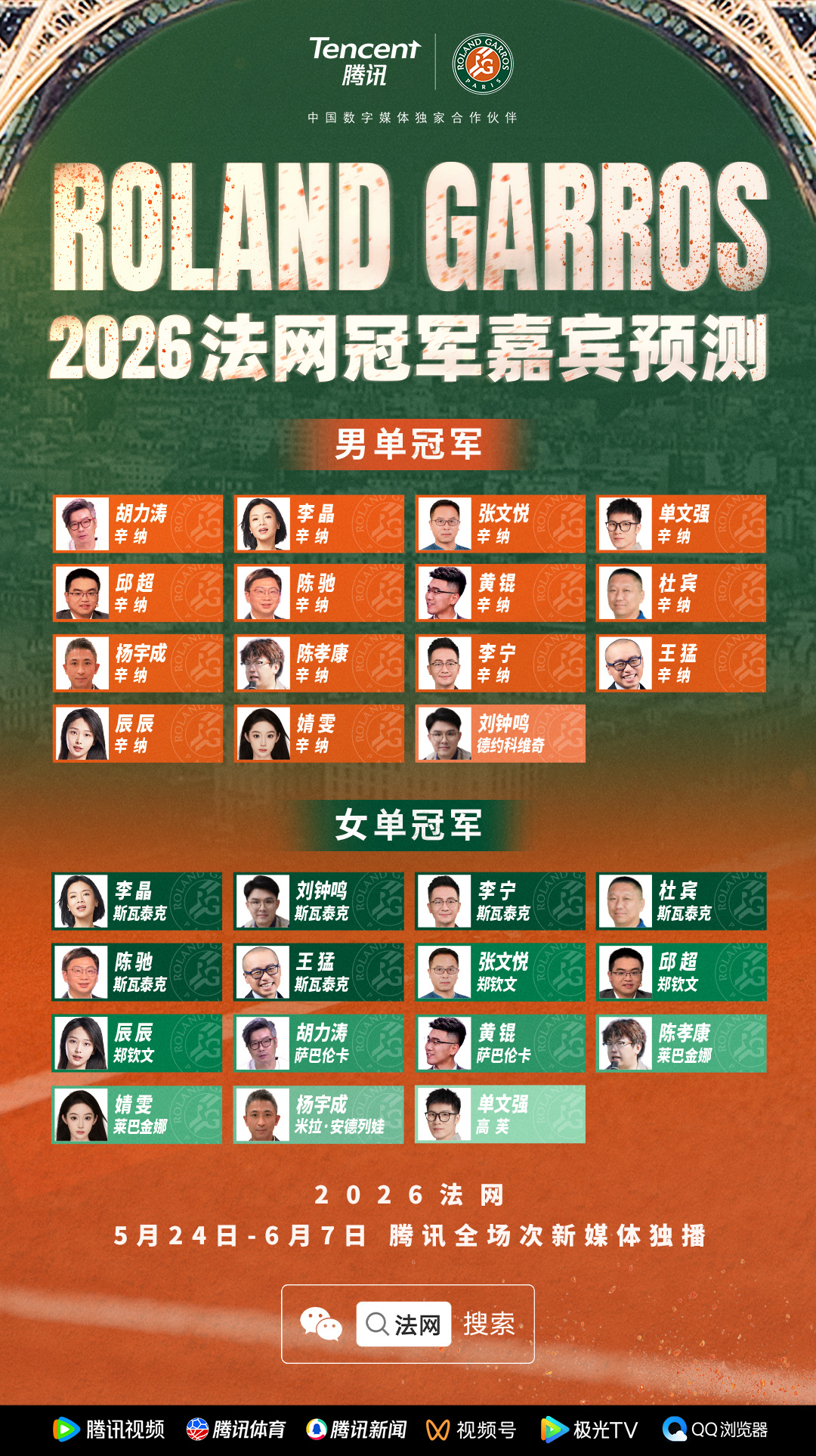 法网2026 今夜开幕，大约23:00在单口解说 安德列娃vs费罗；明晨2:15