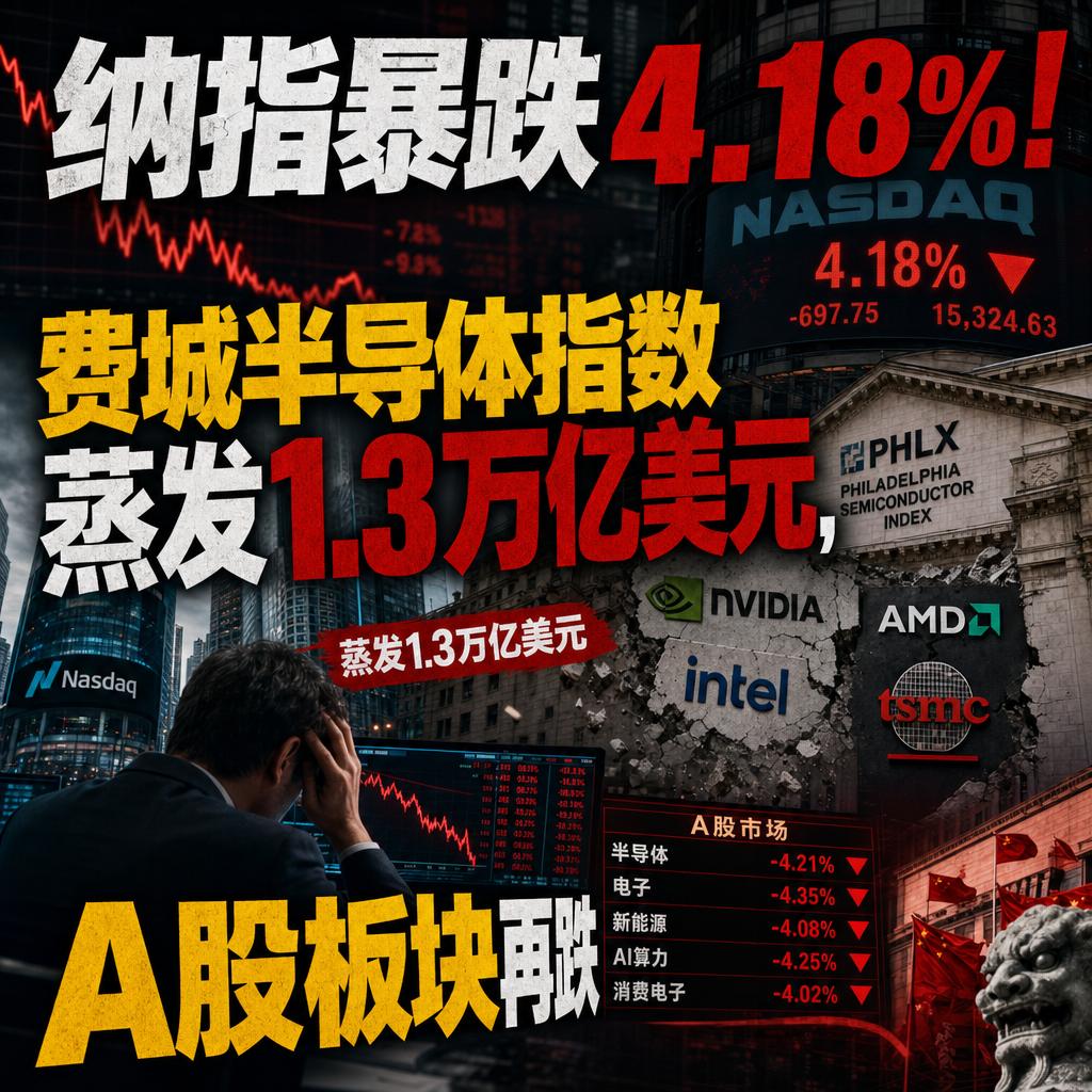 很多人看到纳指单日暴跌4.18%、费城半导体指数蒸发1.3万亿美元，就笃定半导体