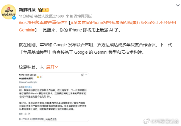 苹果官宣iPhone将搭载最强AI看了一下，苹果和 Google 发布了声明，下