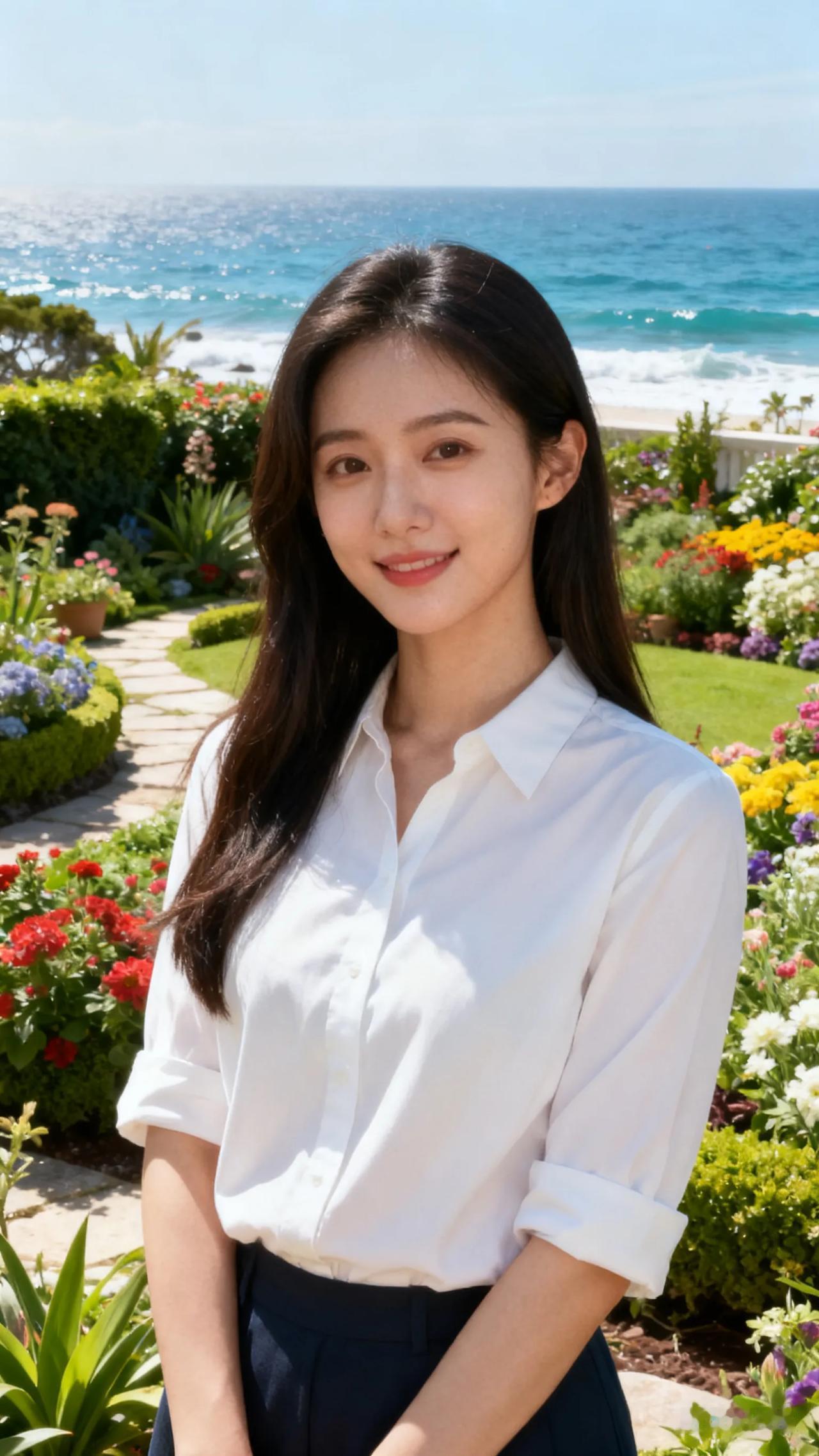 海边花园里的清新少女，微笑面对阳光！🌞🌸🌊