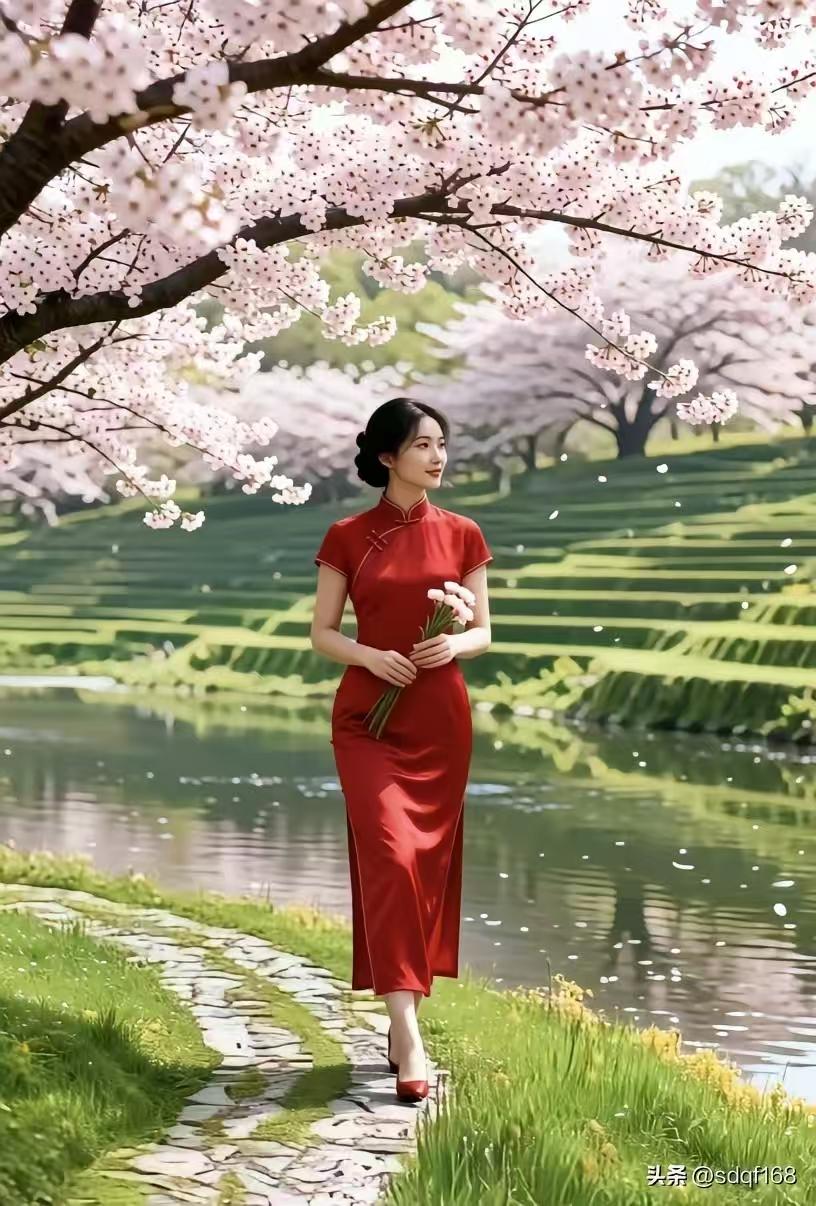 清江引·春樱 
绯云裁做春里裳，
风拂樱香漾。
阶前碎雪芳，
波映娇模样。
拈花