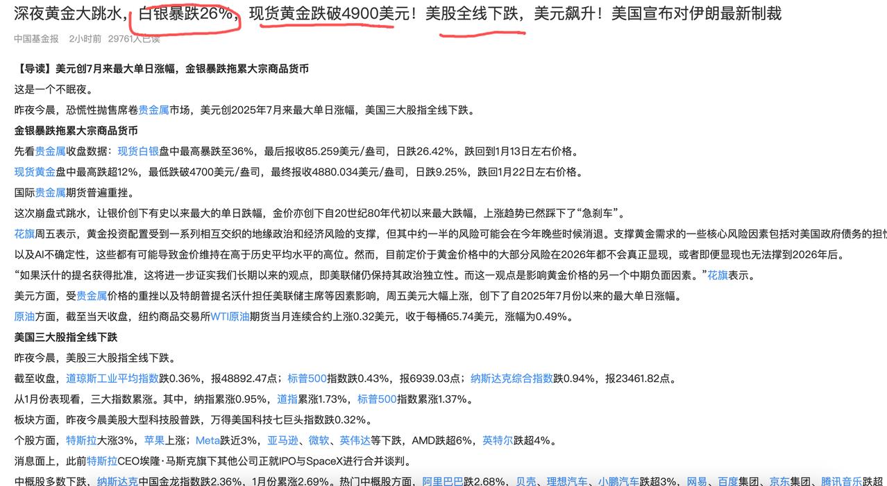 白银、黄金暴跌给2026年资本市场带来极大影响！1周前人们都在热火讨论黄金、白银