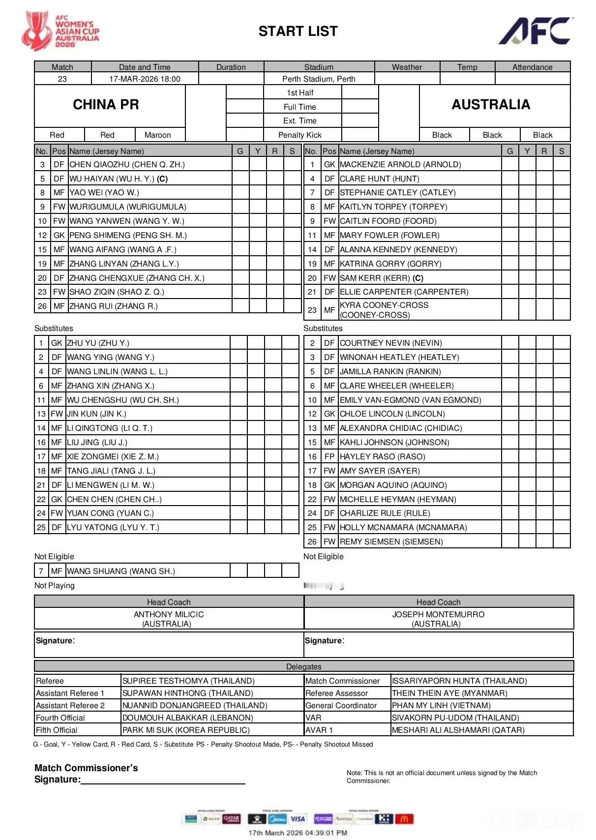北京时间3月17日18:00，女足亚洲杯半决赛，中国女足与澳大利亚女足在珀斯体育