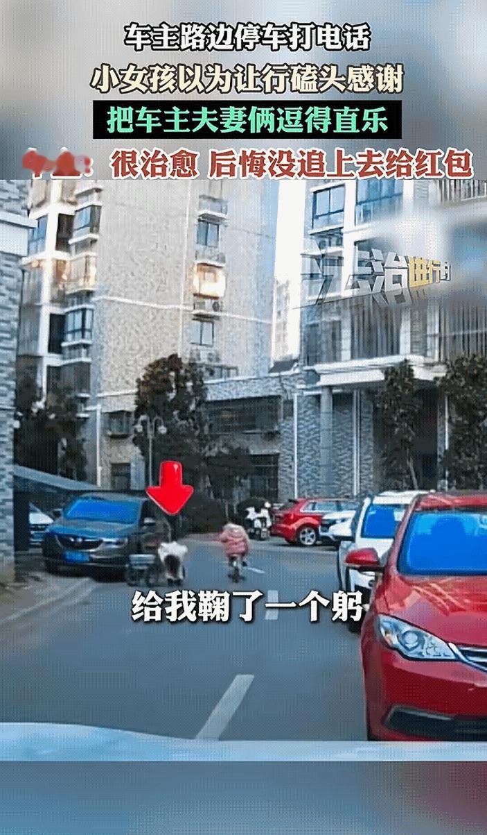 “红衣小孩姐你真的火了！”，车主路边停车打电话被小女孩误以为是让路，两个人一个鞠