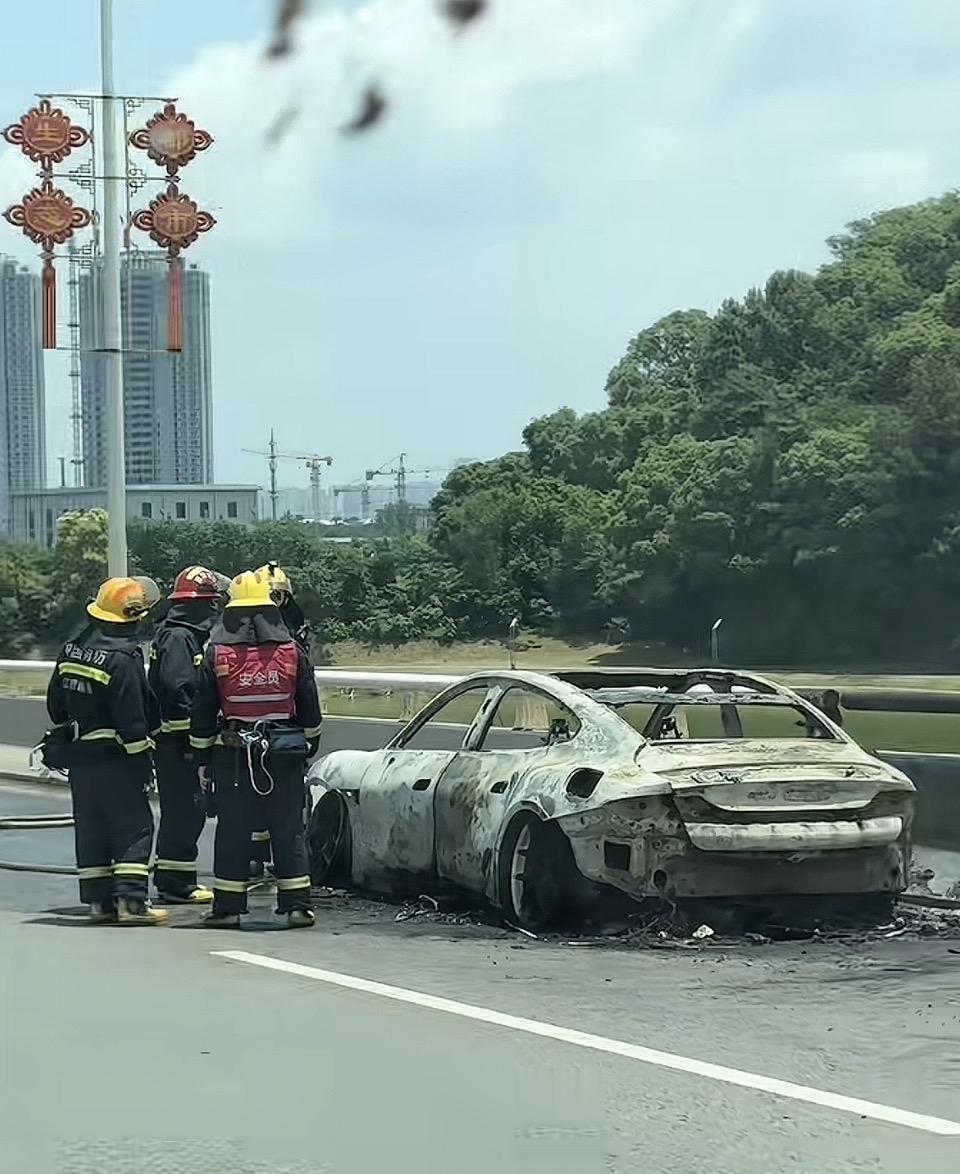 消防员紧急救援，烧毁车辆现场