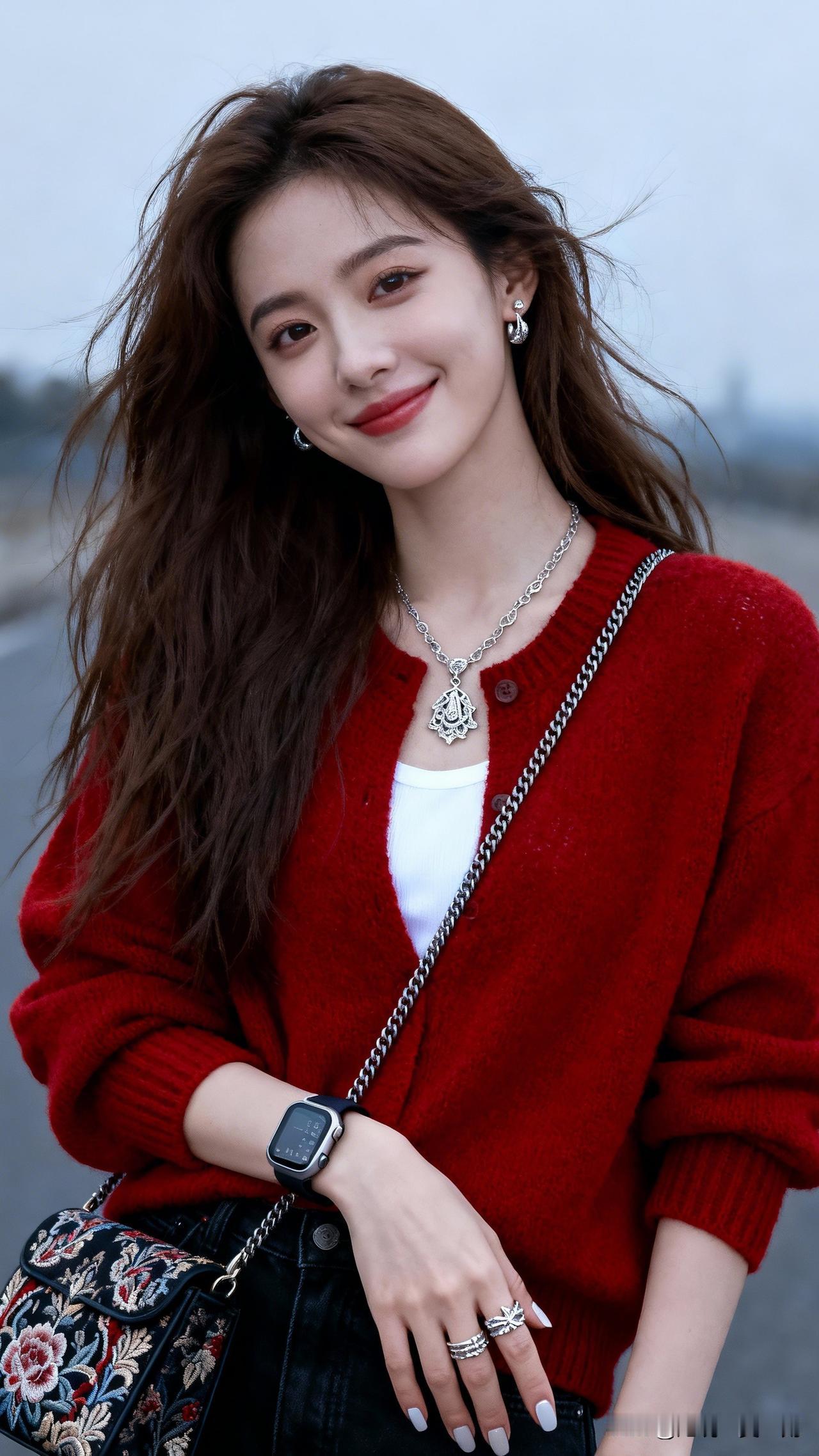 红衣美人笑，风华正当年。什么样的美女才是最美的呢 甜美少女风穿搭，红色毛衣搭配精