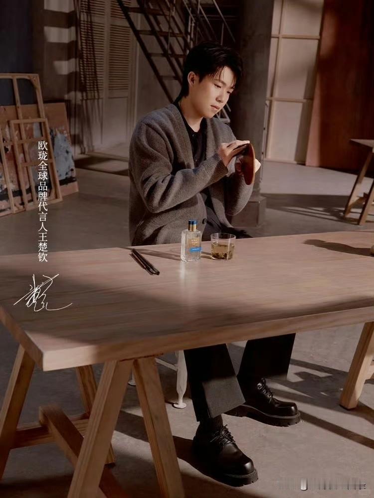 欧珑把王楚钦拍出了故事感，棕灰色毛子，午后撒满阳光的画室，悠闲却又精细护理自己的