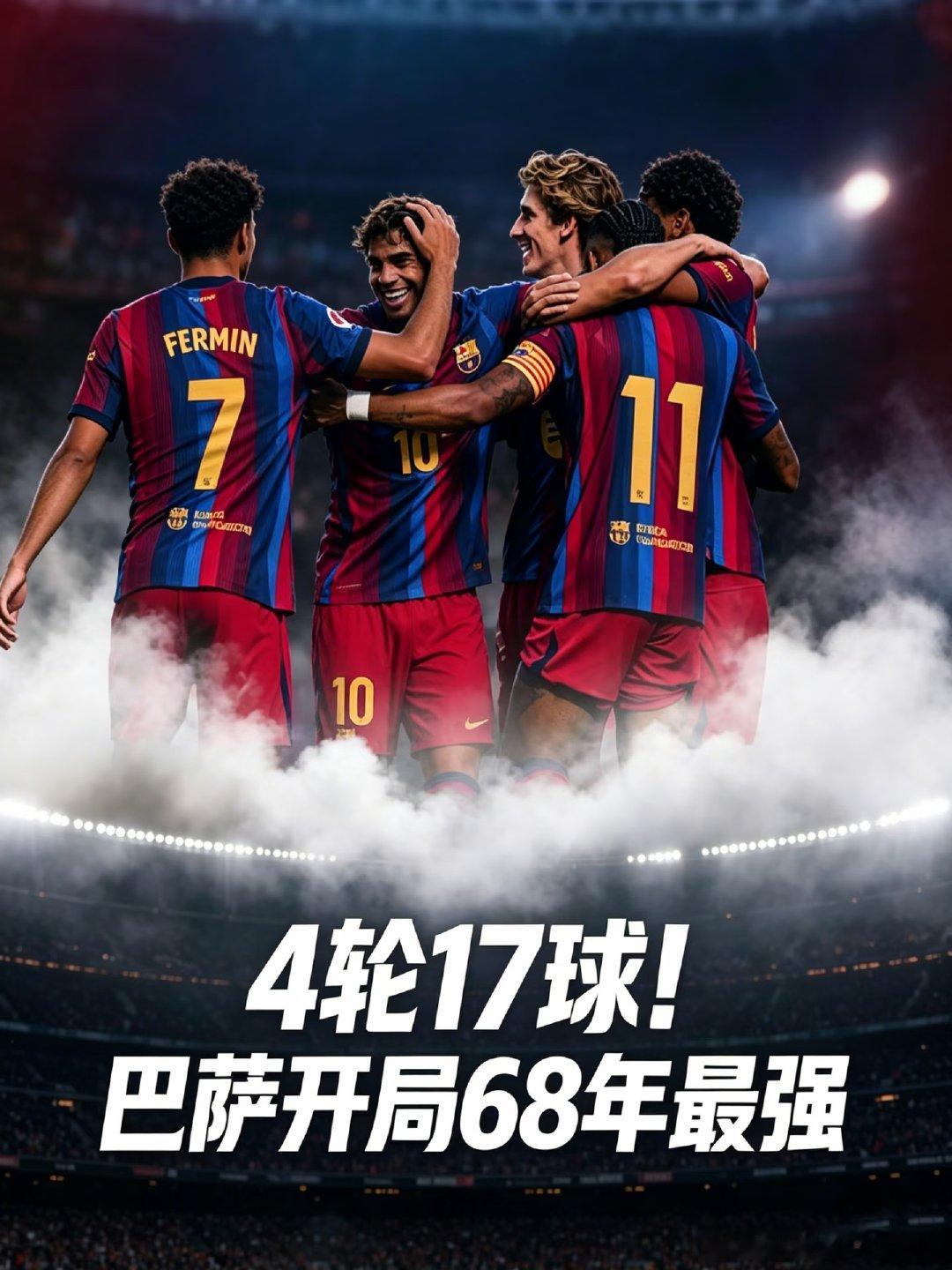 4轮17球，68年最强开局。9月6日，巴萨客场5-0血洗瓦伦西亚，豪取4连胜，积