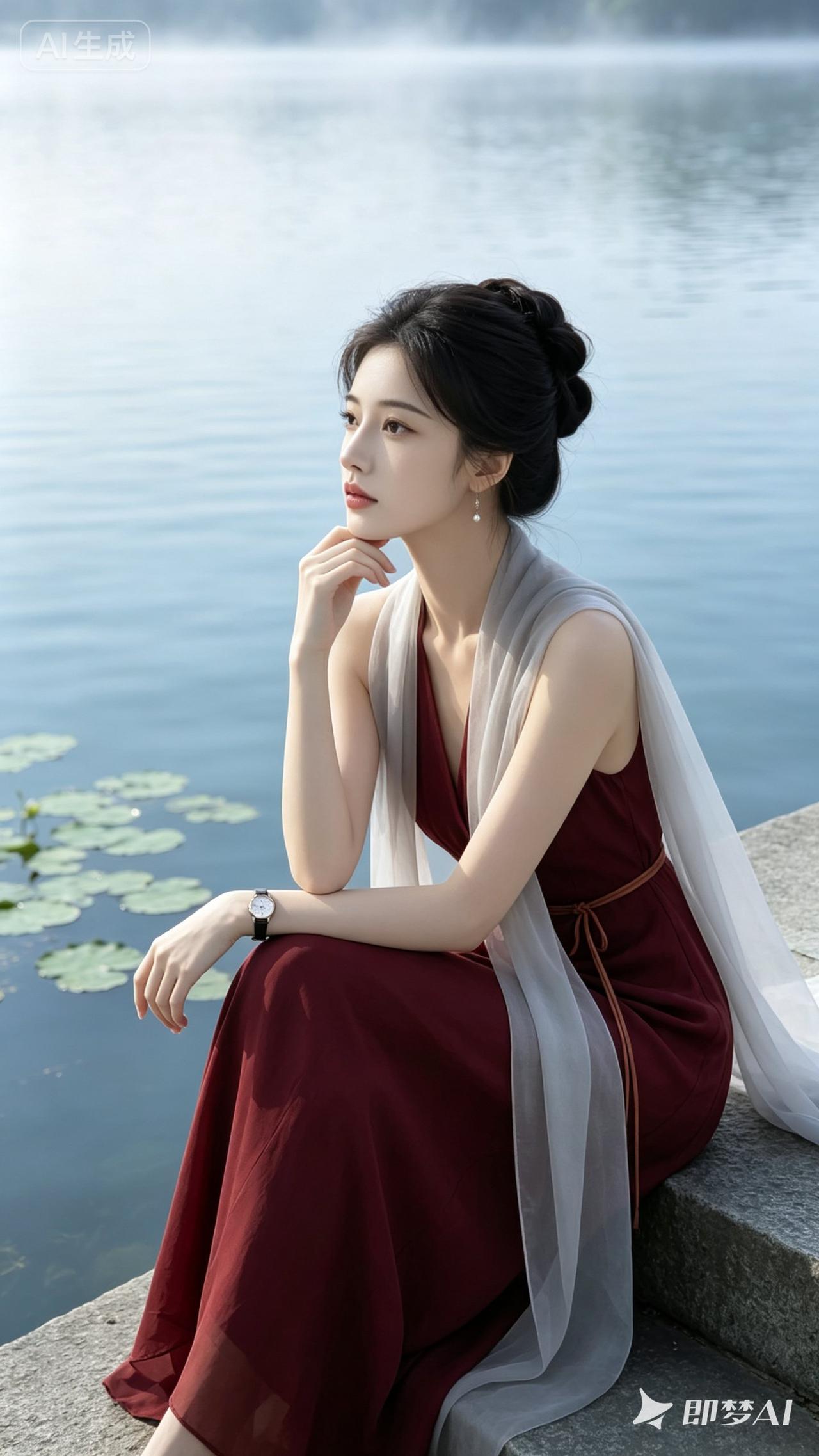 沉思的湖畔女子，红裙与白纱相映成趣，静谧如画。