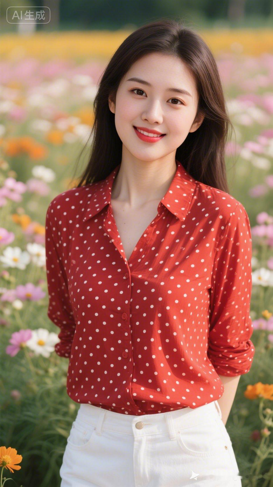 阳光下的红点白衣少女，绽放如花🌸