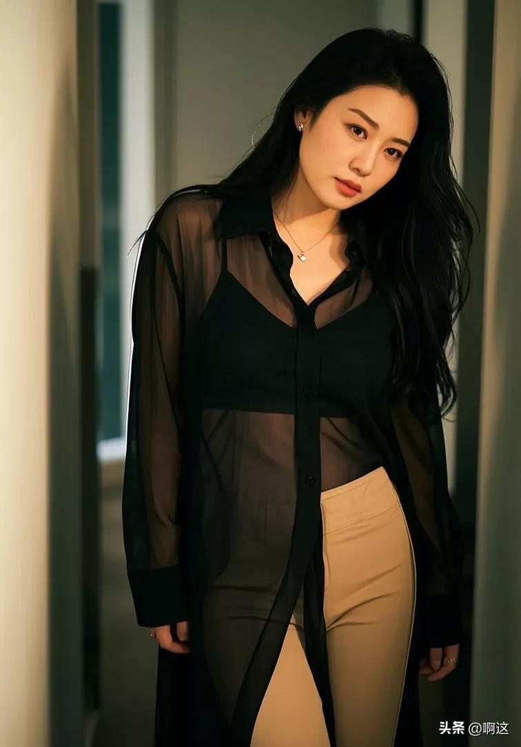 她身着一件黑色的透视长袖衬衫，那黑色如同夜空中最深邃的部分，神秘而充满力量。透视