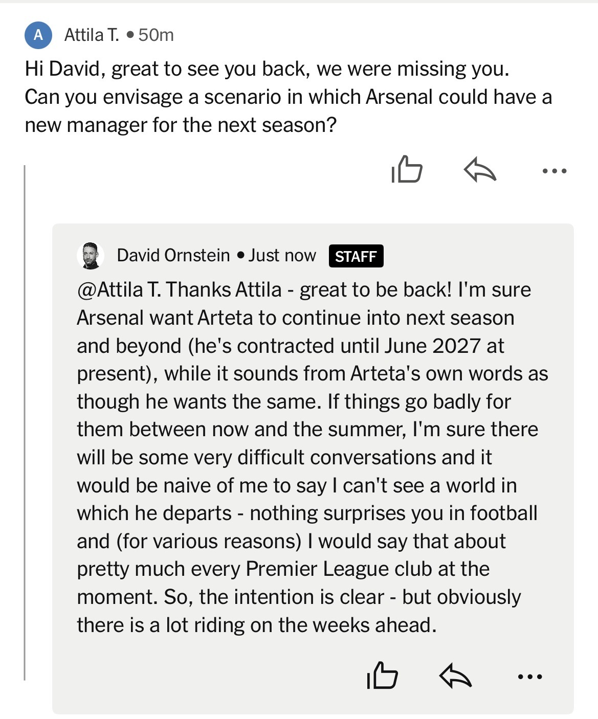 David Ornstein：关于阿尔特塔在阿森纳的未来。我确信阿森纳希望阿尔特