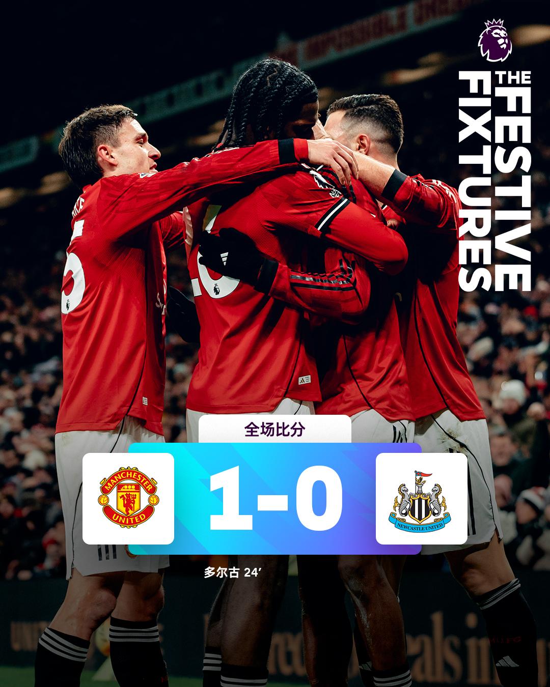 全场比分 | 曼联 1-0 纽卡斯尔联

⚽第24分钟，多尔古禁区内抢下球凌空抽