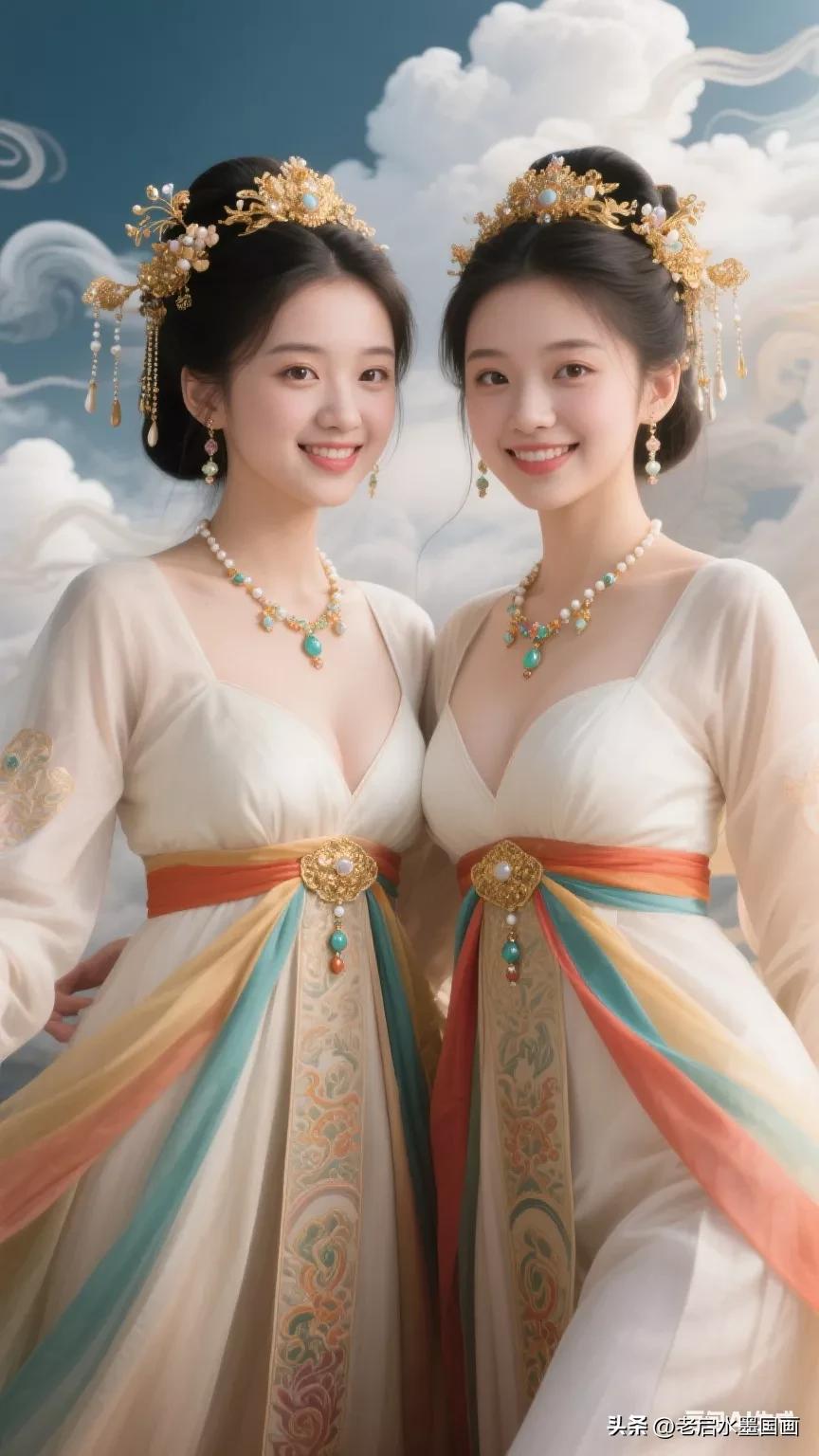 “古风双姝，云间仙子”🌸👗💎张立启原创书画AI作品古仕女发髻服饰集锦首发第