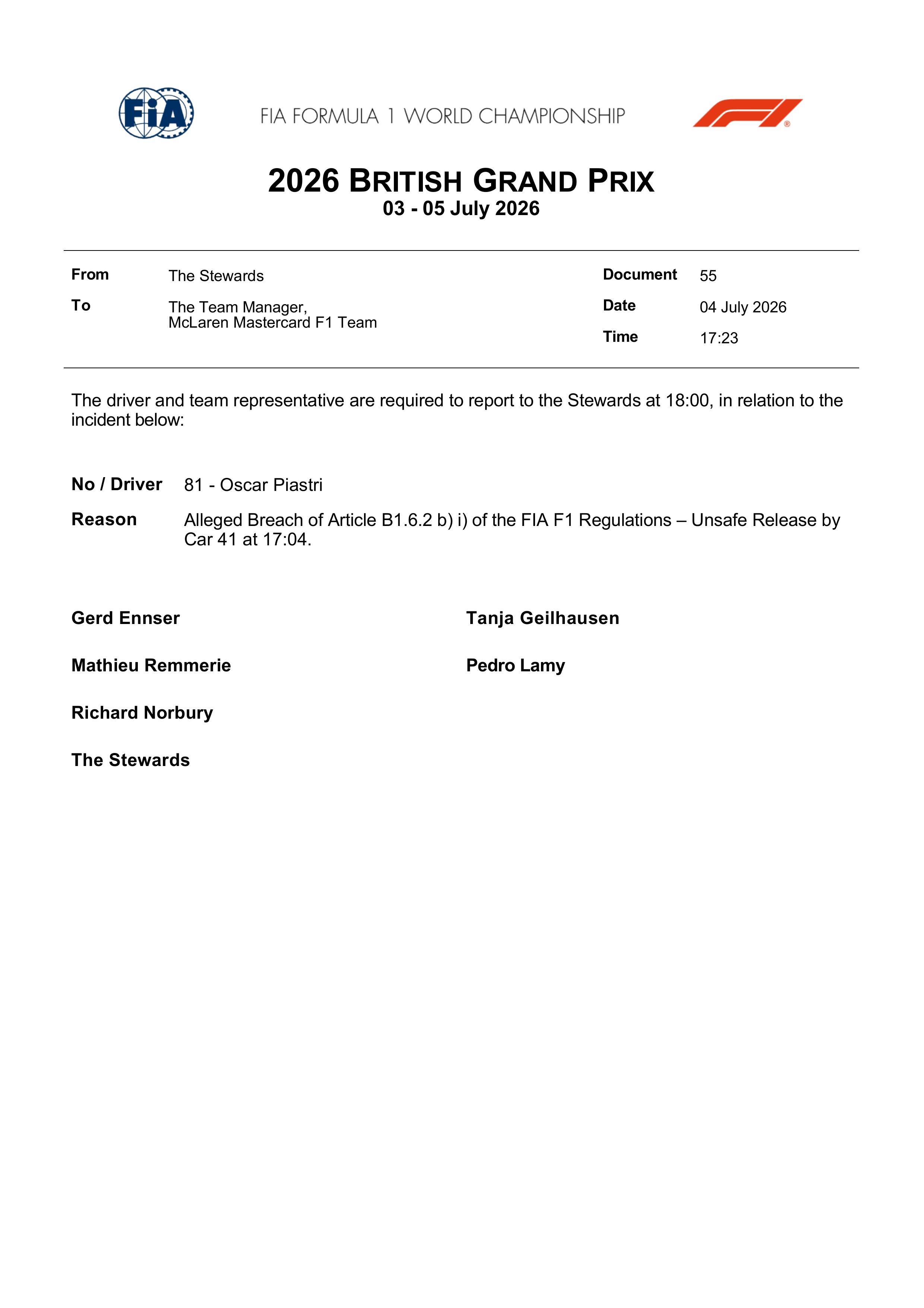 皮亚斯里涉嫌不安全释放，被干事调查。2026f1英国大奖赛