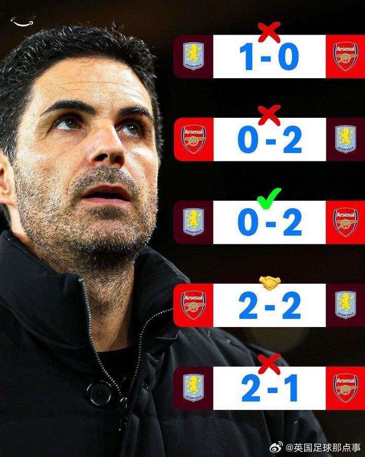 【苦主】Prime Sport：阿森纳近五场与维拉的比赛只赢了一场😬 