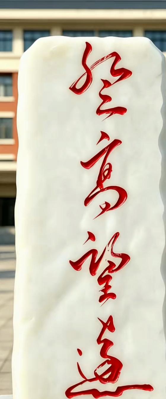 一块大白板上写着红字，背景是建筑。这四个大字真难读，有认识的吗？告诉大家。[作揖