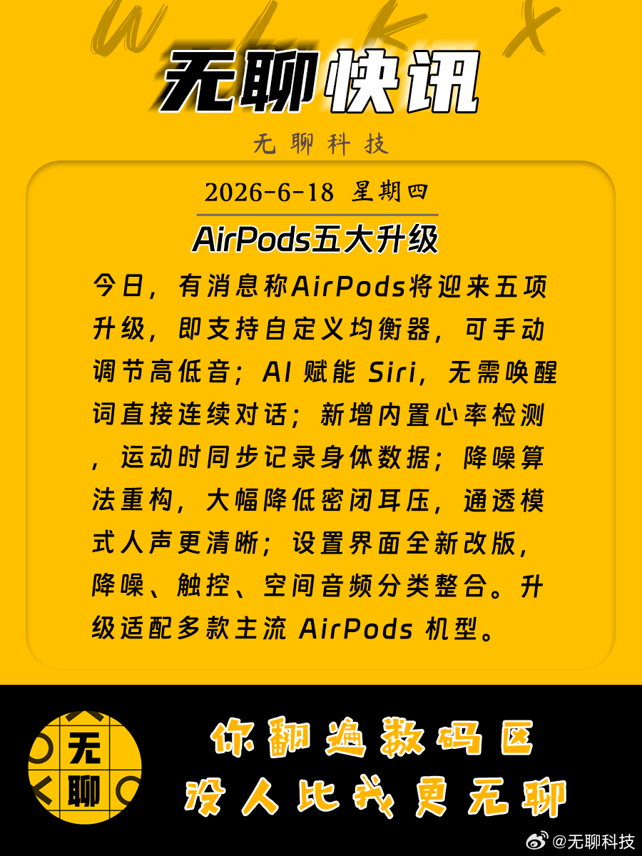 【AirPods五大升级】今日，有消息称AirPods将迎来五项升级，即支持自定