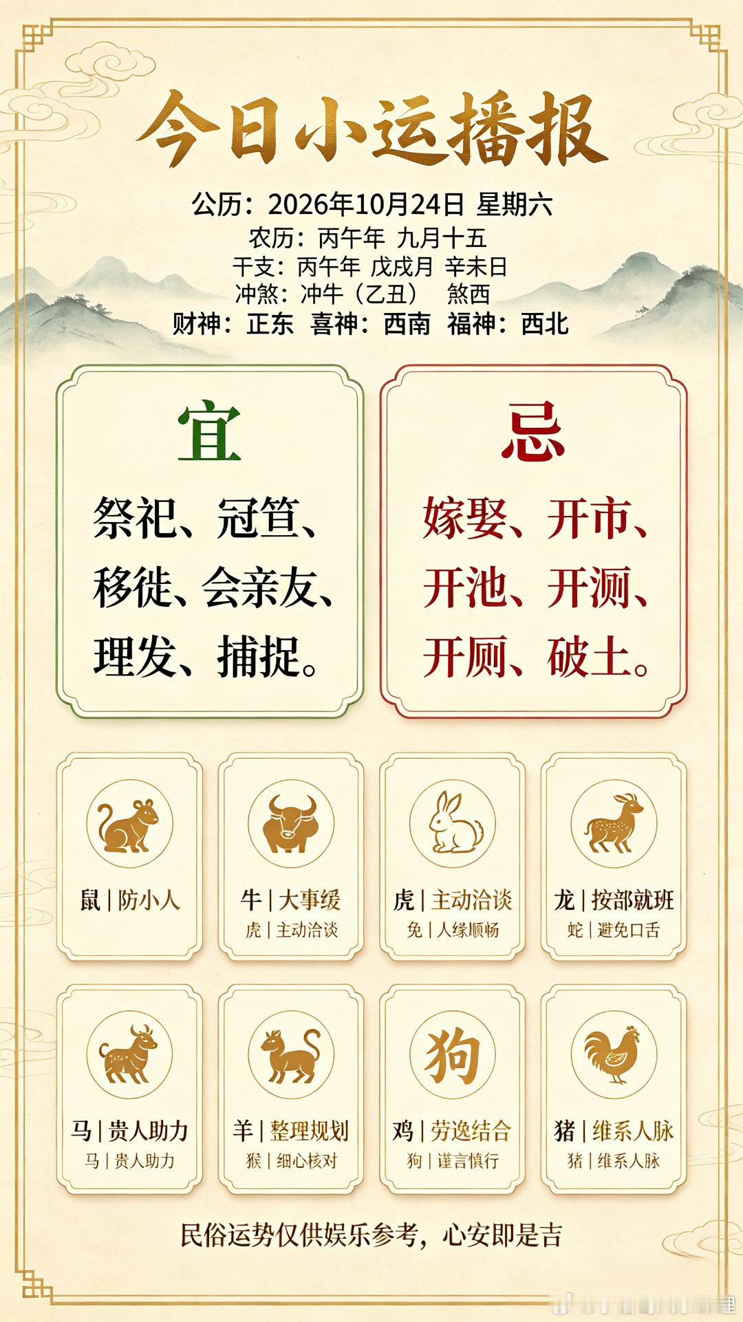 ✨今日小运播报📅公历：2026年10月24日｜星期六📜农历：丙午年 九月十五