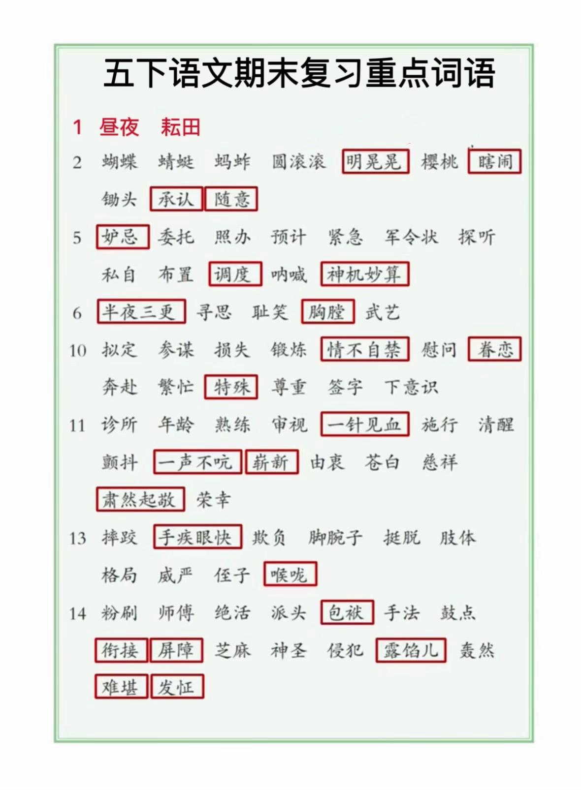 五年级下册语文期末必会词语！重点关注。孩子错别字多，那是重复的还不够...