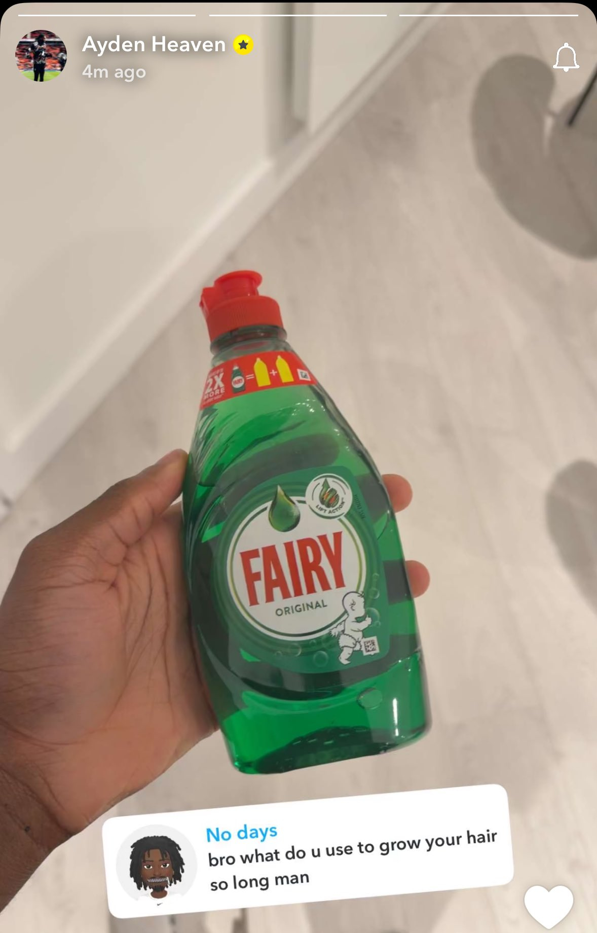 海文SnapChat有网友问老哥你用什么头发长得真这么长海文晒出Fairy洗洁精