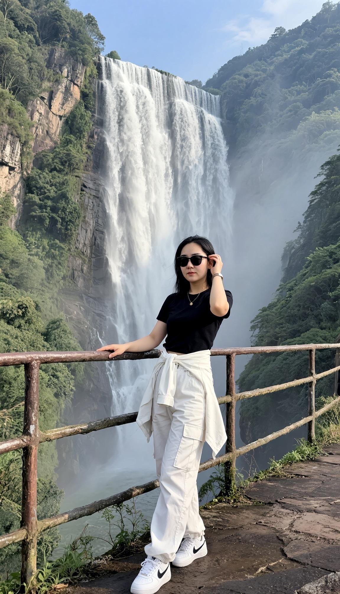 与瀑布合照 ootd穿搭