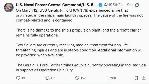 美国海军称，福特号航空母舰（CVN-78）在红海海域突发火灾，火灾导致两名水手受