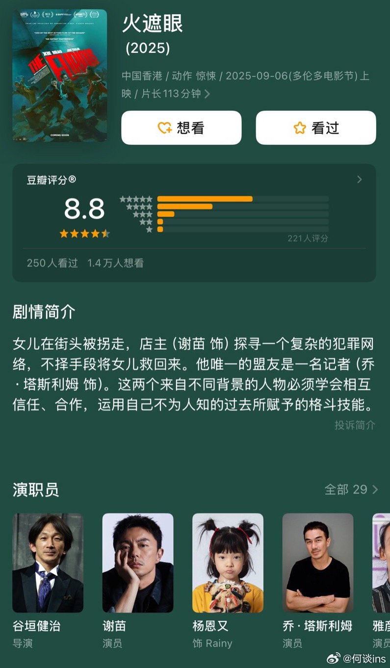 谢苗《火遮眼》开分8.8，牛！！！评价为“近十年最好的动作片之一”，“生猛刺激”