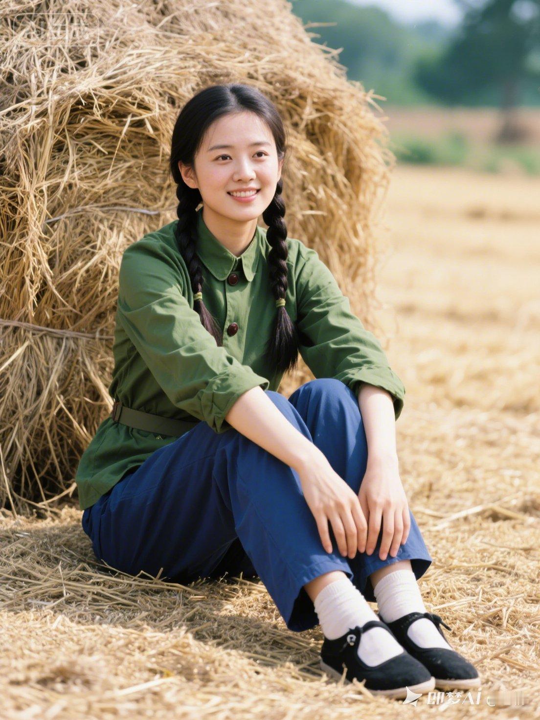 田园少女坐草垛，微笑如阳光般温暖！