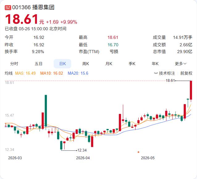 播恩集团又涨停了。这已经是连续三天大涨，但公司的基本面跟股价似乎玩起了“剪刀差”