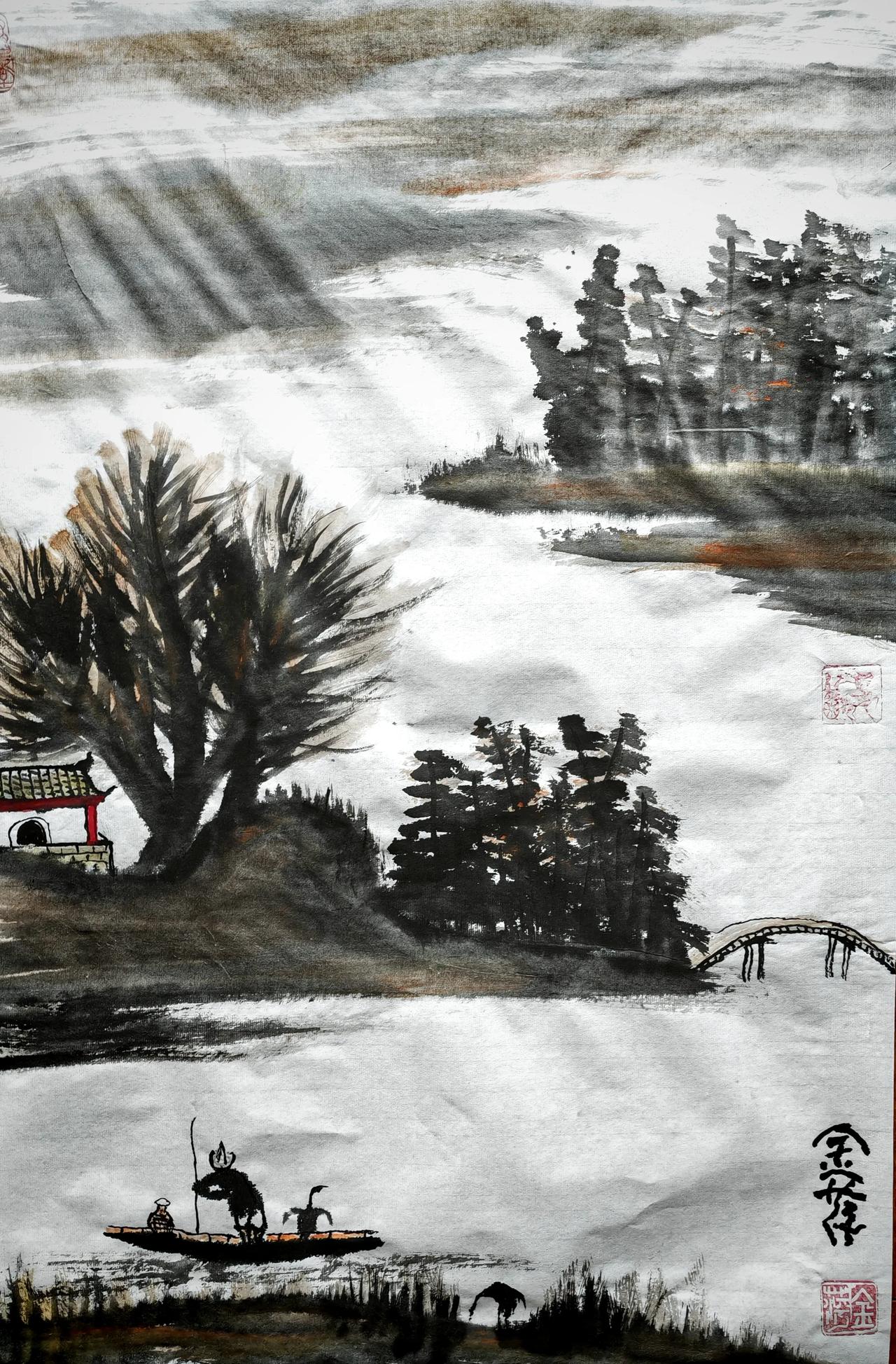又是秋风送征鸿，
长天云雾伴尔行，
江湖道上多寂寞，
旭日追着夕阳红。