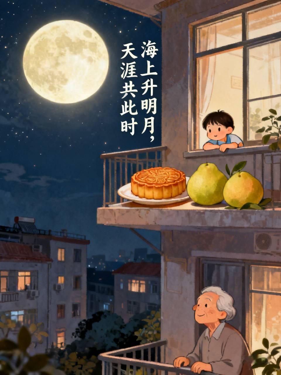 又是一年中秋夜，阳台的小桌摆上了冰皮和柚子，对面楼的窗户一扇扇亮起来，有人家在摆