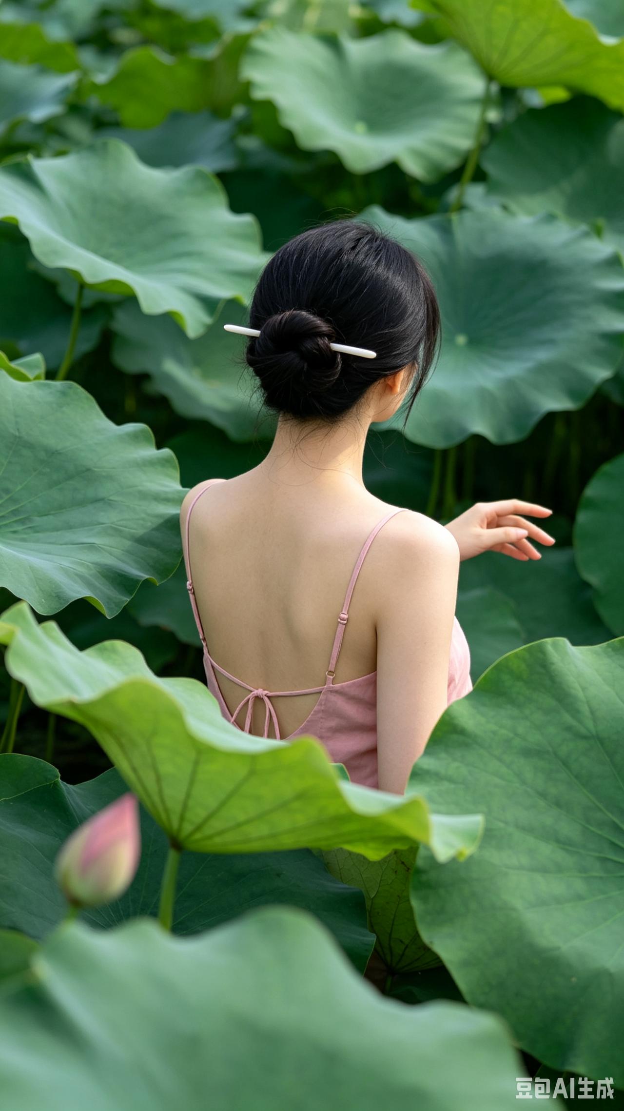 不观颜，只赏背！荷塘之内，那身着粉衣的女子，把李清照的词绘成了一幅绝美画卷。
藕