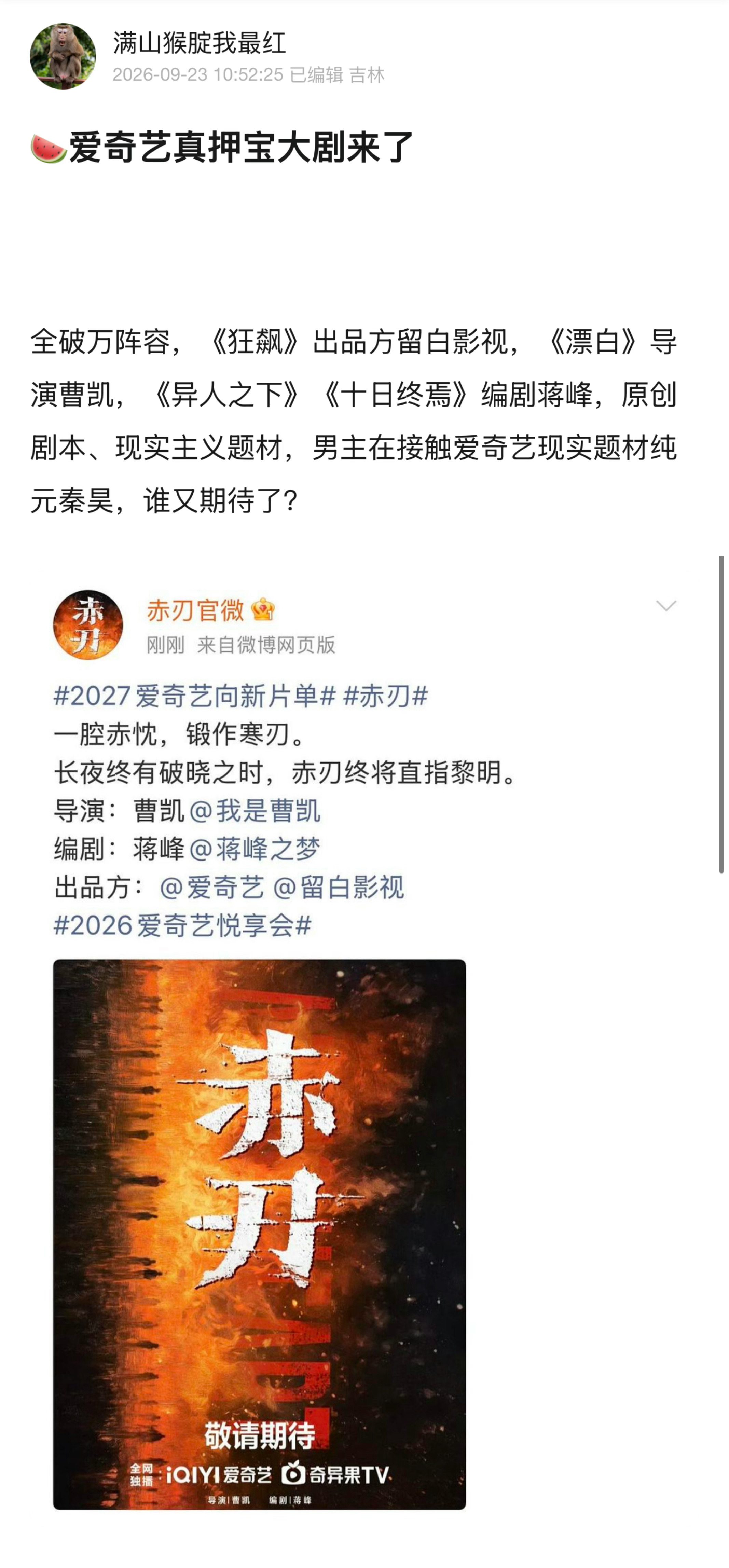 🍉爱奇艺的真押宝大剧是《赤刃》？班底很能打，《狂飙》出品方，《漂白》导演，《十