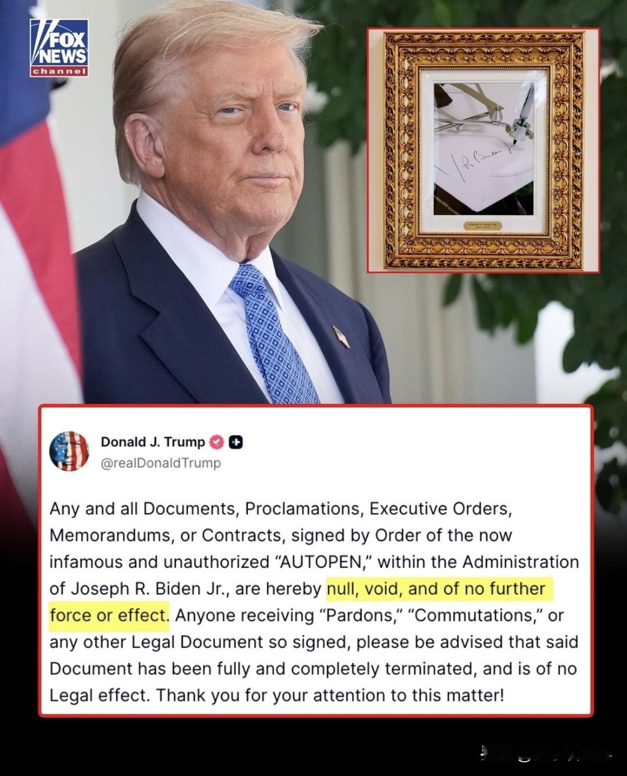 特朗普宣布，他已经“完全终止”前总统乔•拜登使用自动公开签署的每一个行动。
	