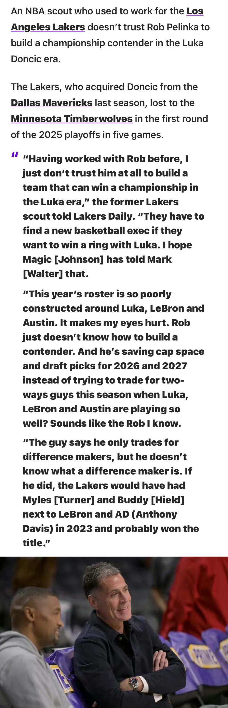 近日，一位曾在湖人工作过的球探对媒体表示，自己不相信佩林卡能在东契奇时代为湖人打