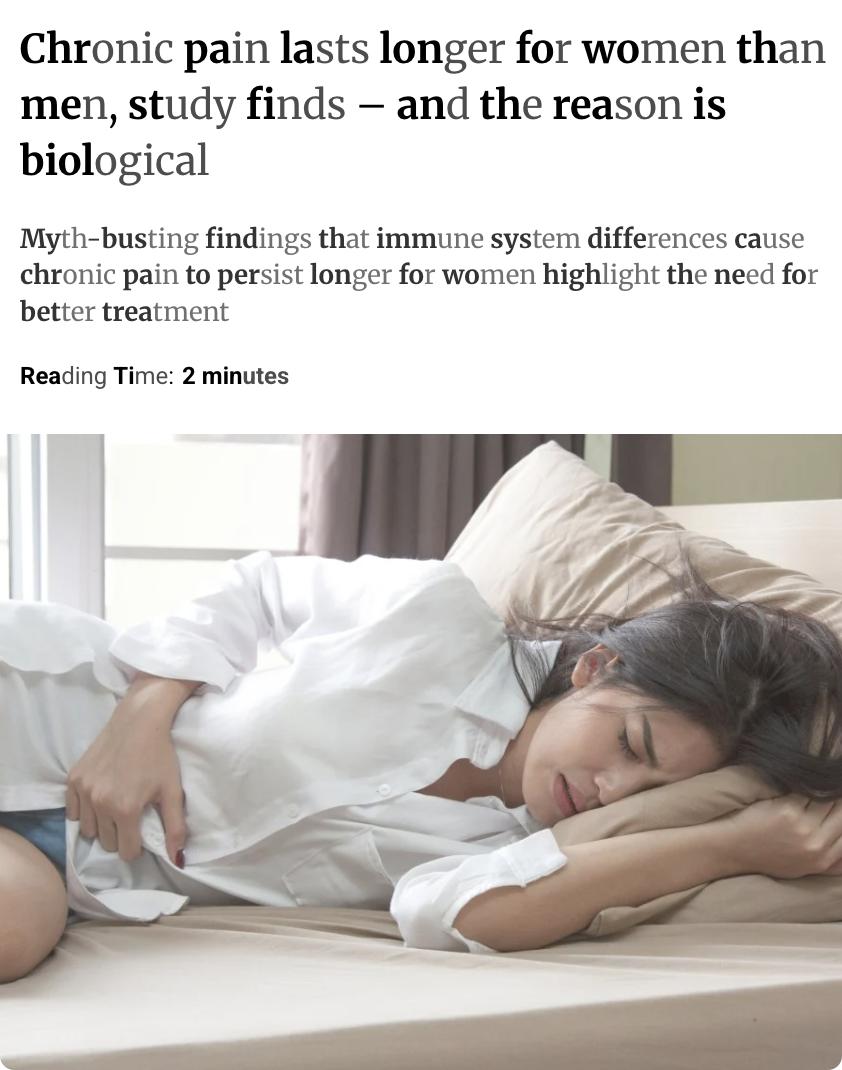 外媒：《科学免疫学》期刊发表的研究证实，女性慢性疼痛持续时间确实比男性更长，这并