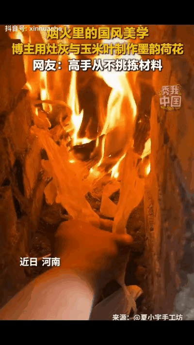 上新华社了！河南一博主用玉米皮烧水做饭，看到灶坑被烧的附有一层黑灰，突然脑洞大开