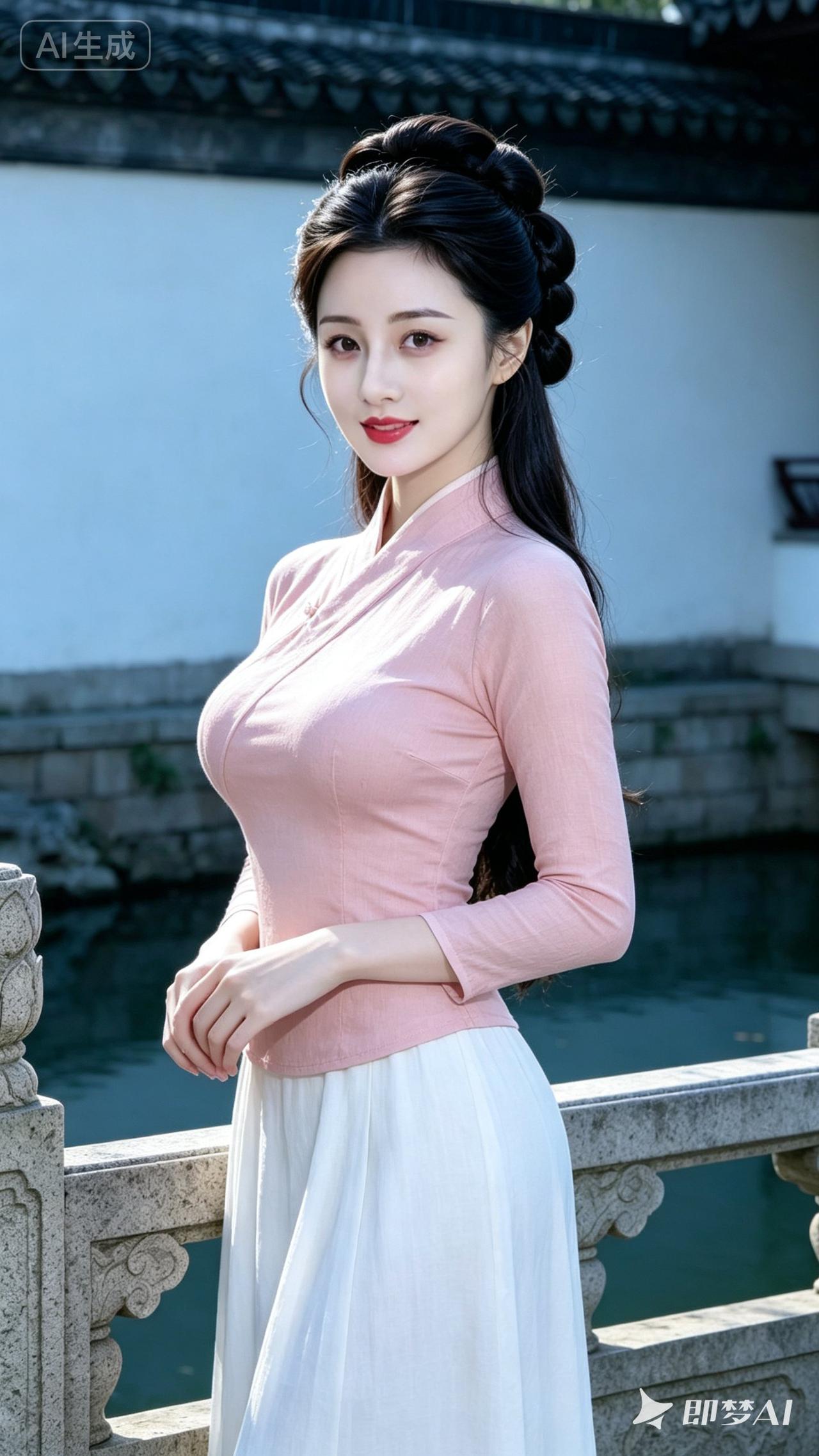 优雅古风少女，粉裙白裙，古典韵味十足